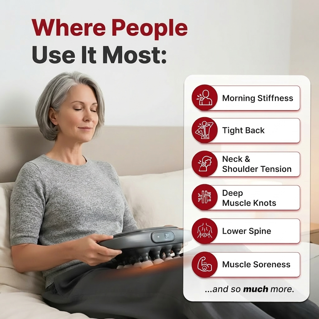 KNOTRX TheraPulse back massager showing targeted muscle groups and body area coverage