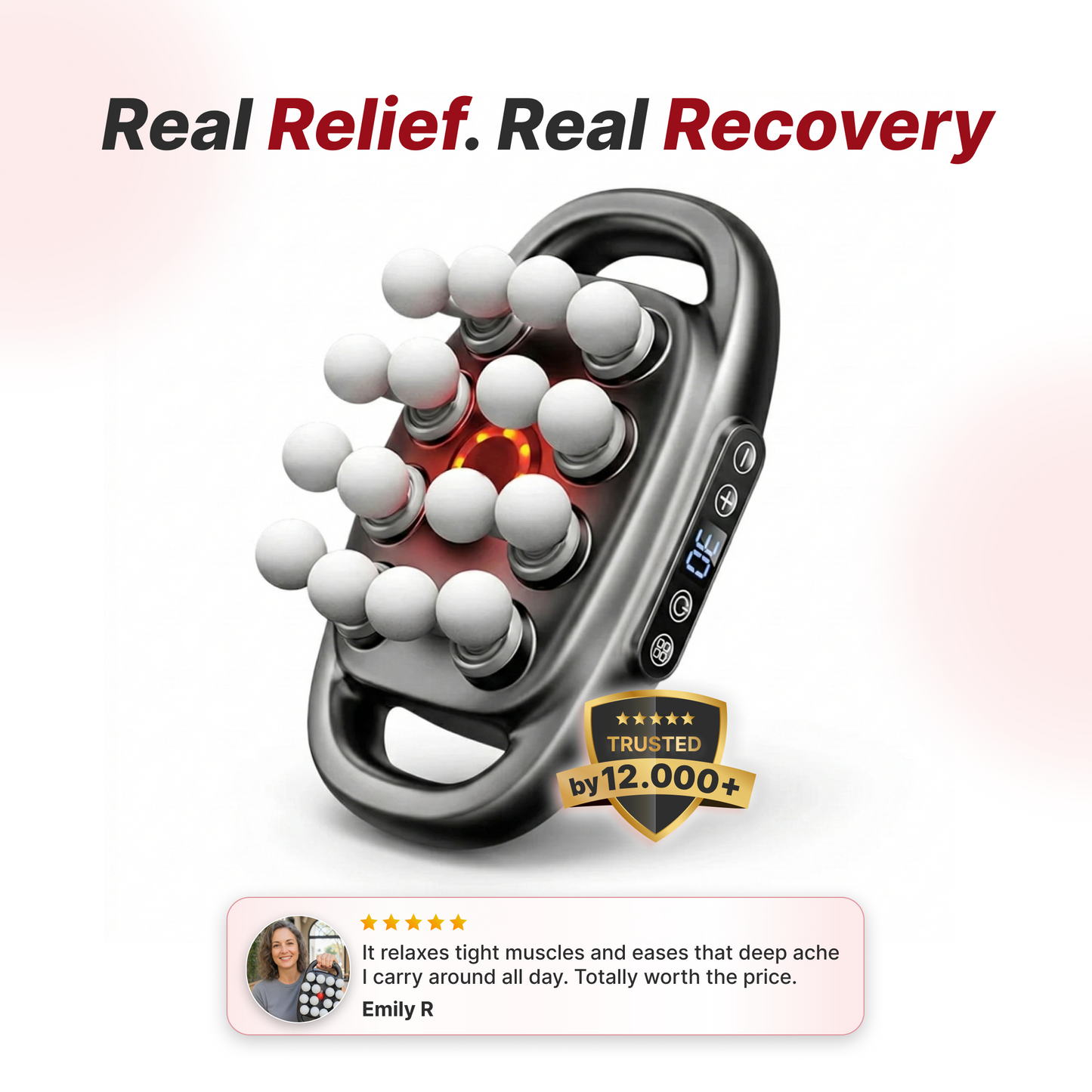 KNOTRX TheraPulse percussion massage gun with 16 interchangeable heads and star rating badge