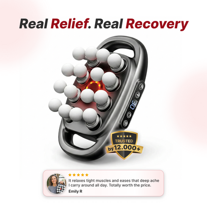 KNOTRX TheraPulse percussion massage gun with 16 interchangeable heads and star rating badge