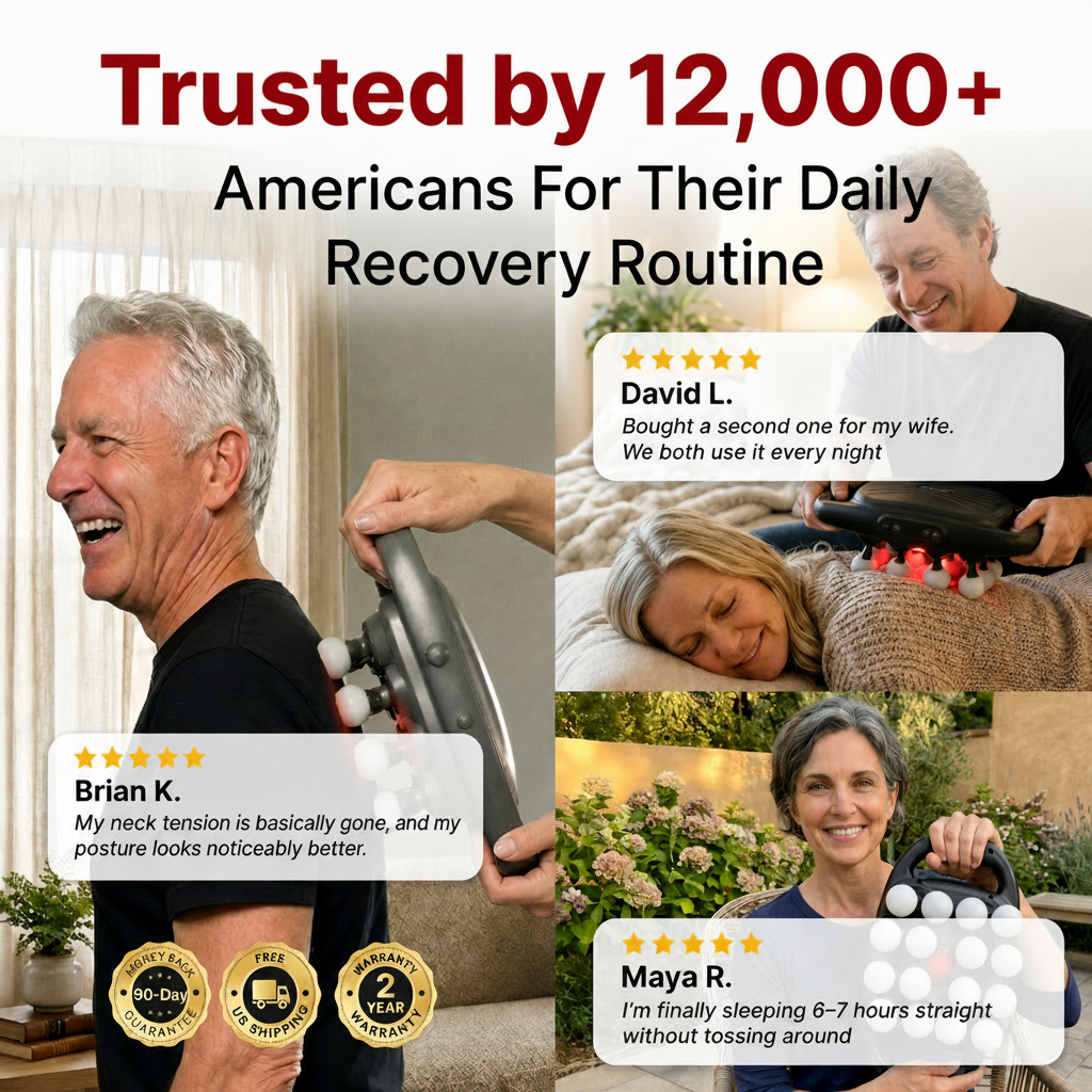 Advertisement for a product trusted by 12,000 Americans with customer testimonials and images of people using the product.