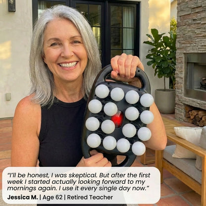 Woman holding KNOTRX TheraPulse Back Massager outdoors with verified customer testimonial